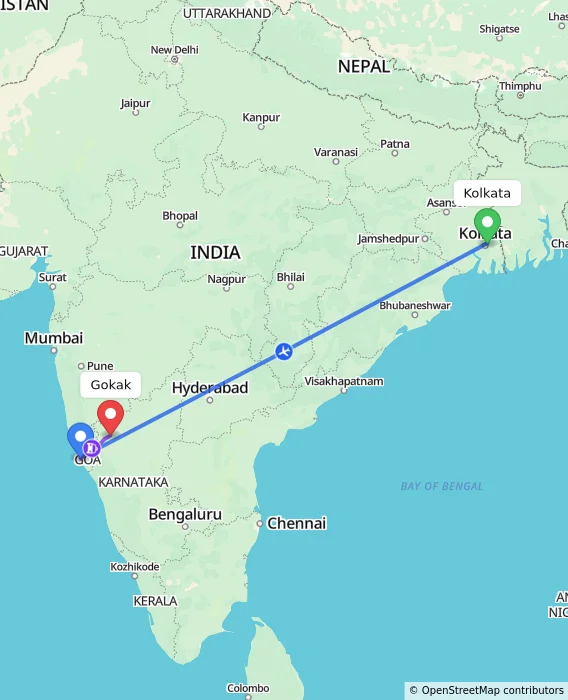 Route map showing distance and travel time from Kolkata, India to Gokak, India