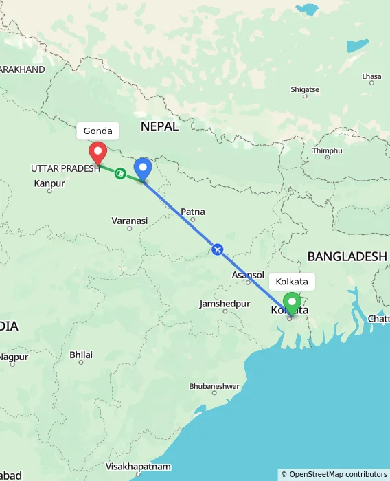 Route map showing distance and travel time from Kolkata, India to Gonda, India