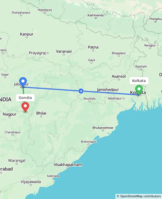 Route map showing distance and travel time from Kolkata, India to Gondia, India