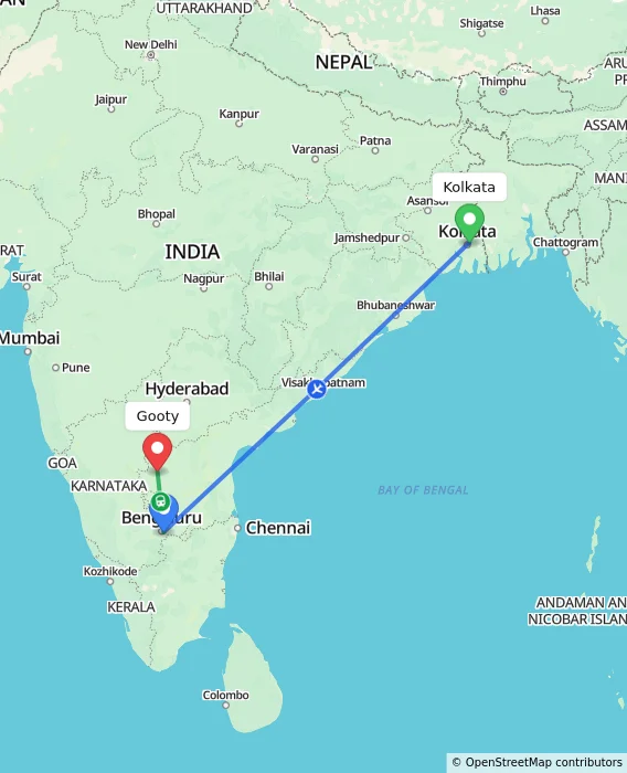 Route map showing distance and travel time from Kolkata, India to Gooty, India