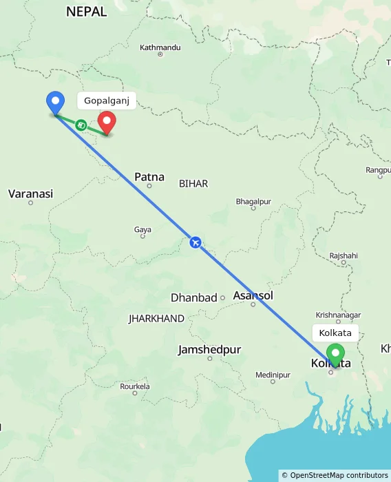 Route map showing distance and travel time from Kolkata, India to Gopalganj, India