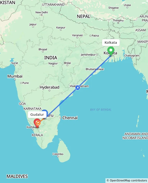 Route map showing distance and travel time from Kolkata, India to Gudalur, India