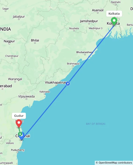 Route map showing distance and travel time from Kolkata, India to Gudur, India
