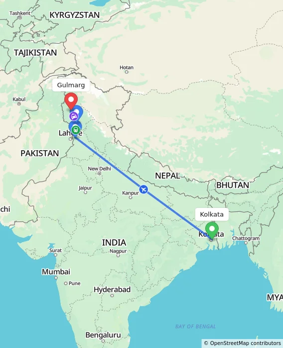 Route map showing distance and travel time from Kolkata, India to Gulmarg, India