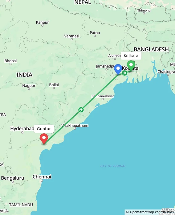 Route map showing distance and travel time from Kolkata, India to Guntur, India