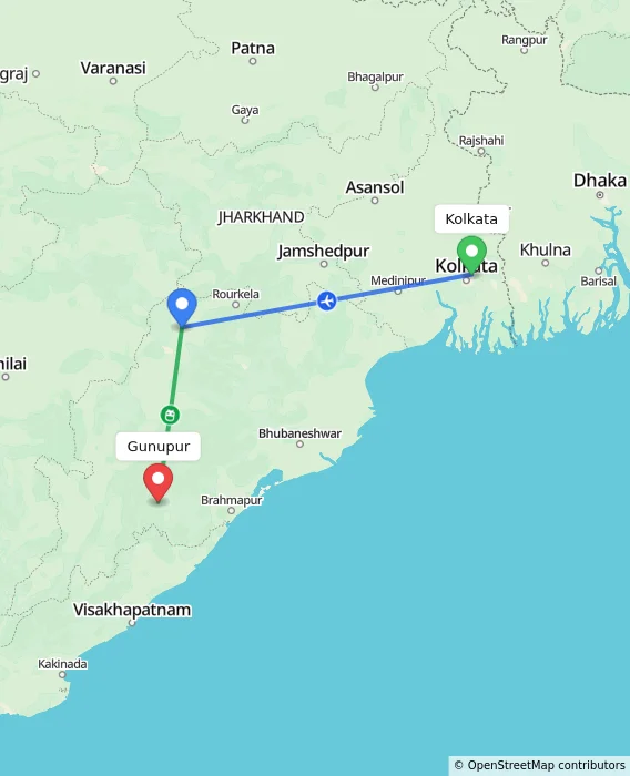 Route map showing distance and travel time from Kolkata, India to Gunupur, India