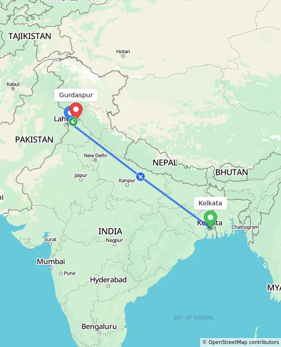 Route map showing distance and travel time from Kolkata, India to Gurdaspur, India