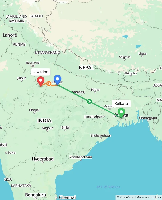 Route map showing distance and travel time from Kolkata, India to Gwalior, India