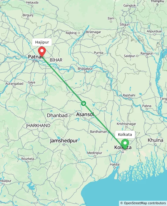 Route map showing distance and travel time from Kolkata, India to Hajipur, India