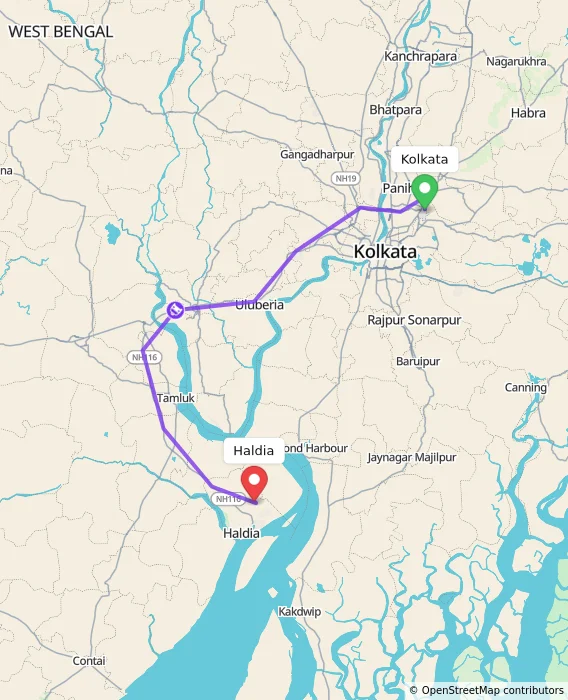 Route map showing distance and travel time from Kolkata, India to Haldia, India