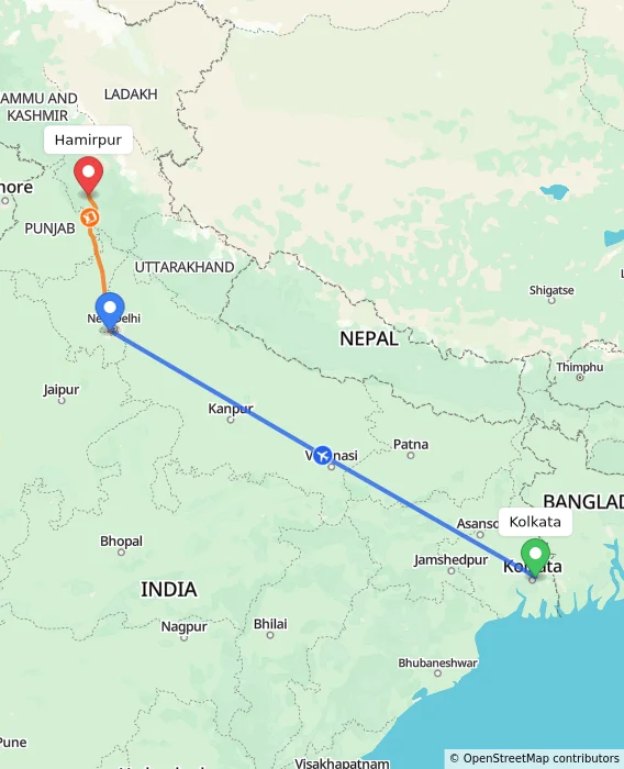 Route map showing distance and travel time from Kolkata, India to Hamirpur, India