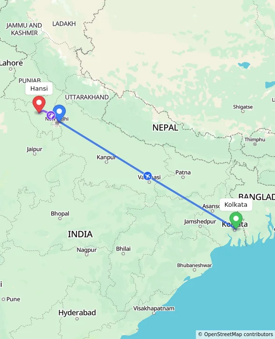 Route map showing distance and travel time from Kolkata, India to Hansi, India