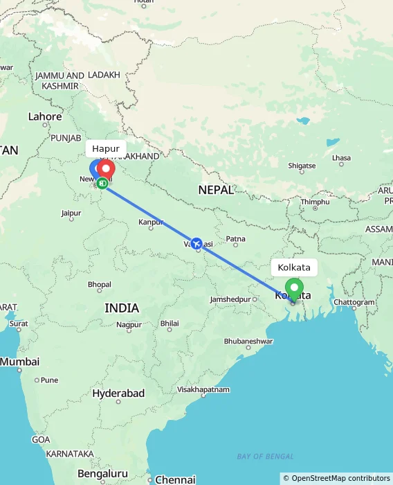 Route map showing distance and travel time from Kolkata, India to Hapur, India