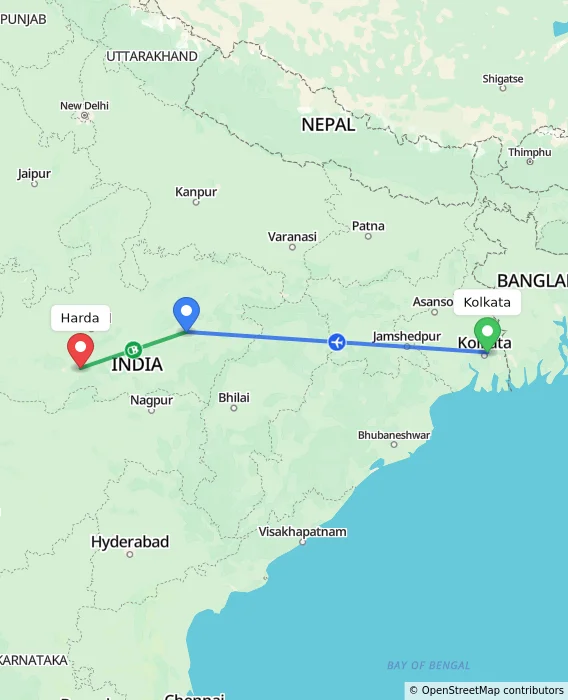 Route map showing distance and travel time from Kolkata, India to Harda, India