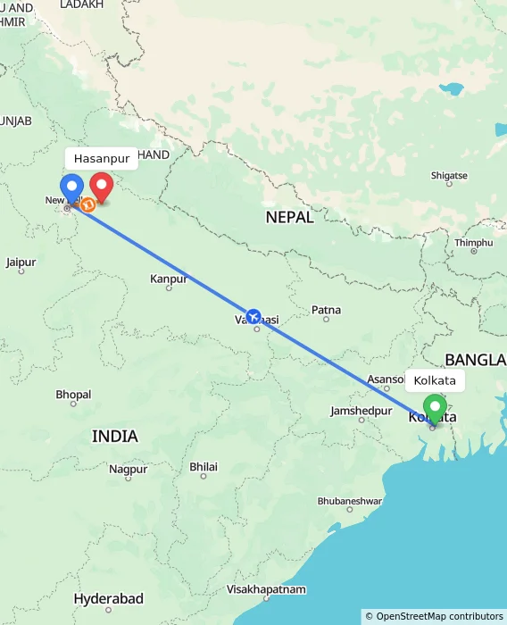 Route map showing distance and travel time from Kolkata, India to Hasanpur, India