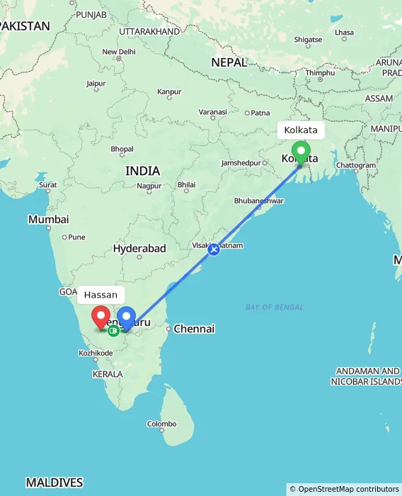 Route map showing distance and travel time from Kolkata, India to Hassan, India