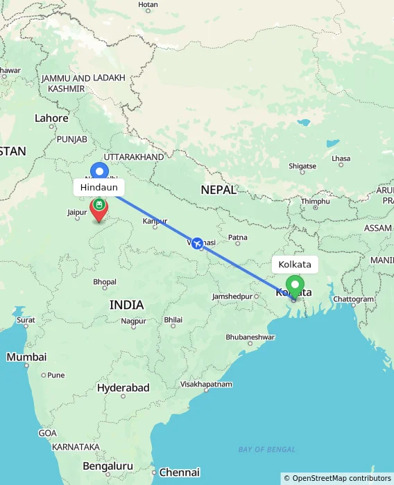 Route map showing distance and travel time from Kolkata, India to Hindaun, India