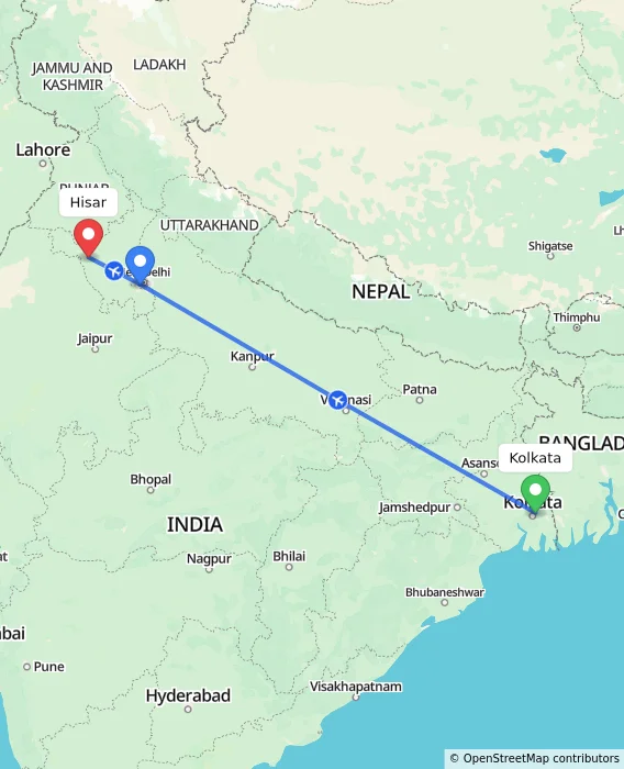 Route map showing distance and travel time from Kolkata, India to Hisar, India
