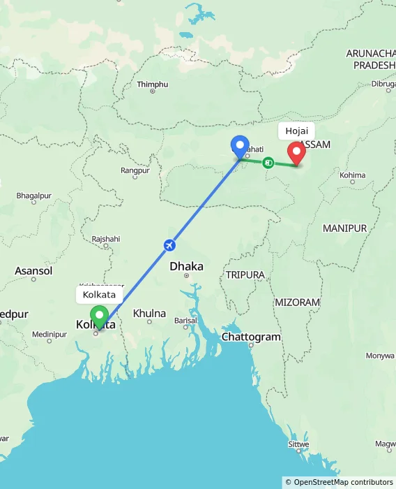 Route map showing distance and travel time from Kolkata, India to Hojai, India