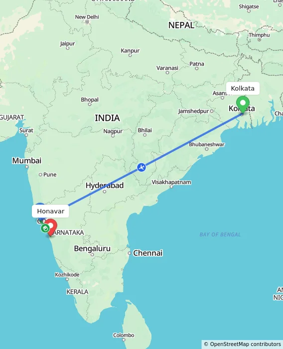 Route map showing distance and travel time from Kolkata, India to Honavar, India