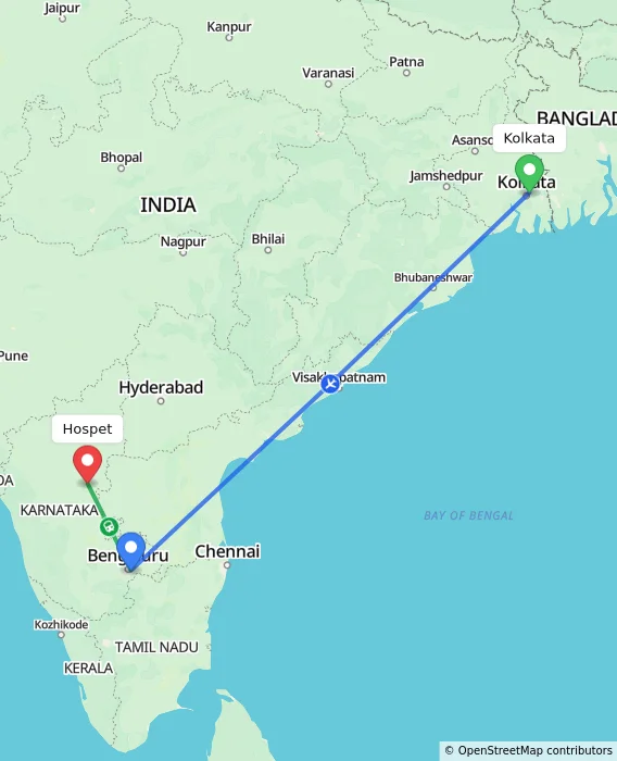Route map showing distance and travel time from Kolkata, India to Hospet, India