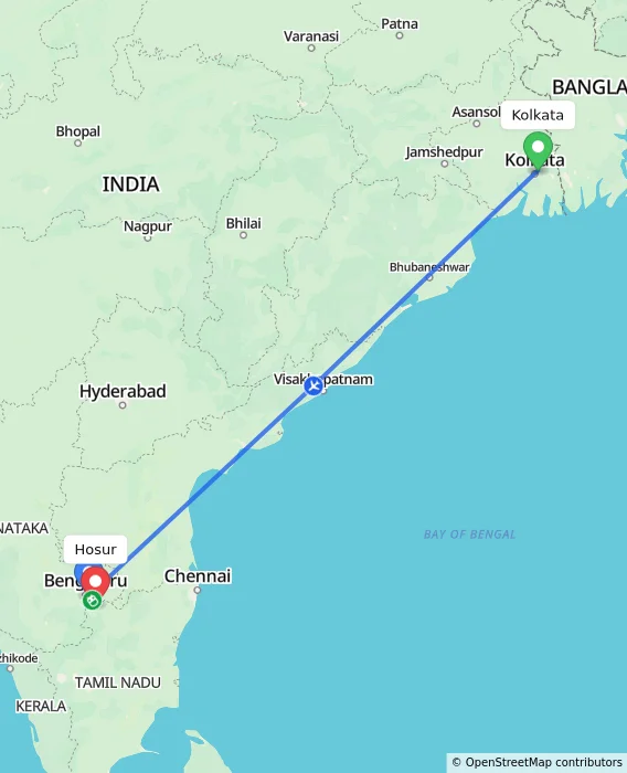 Route map showing distance and travel time from Kolkata, India to Hosur, India