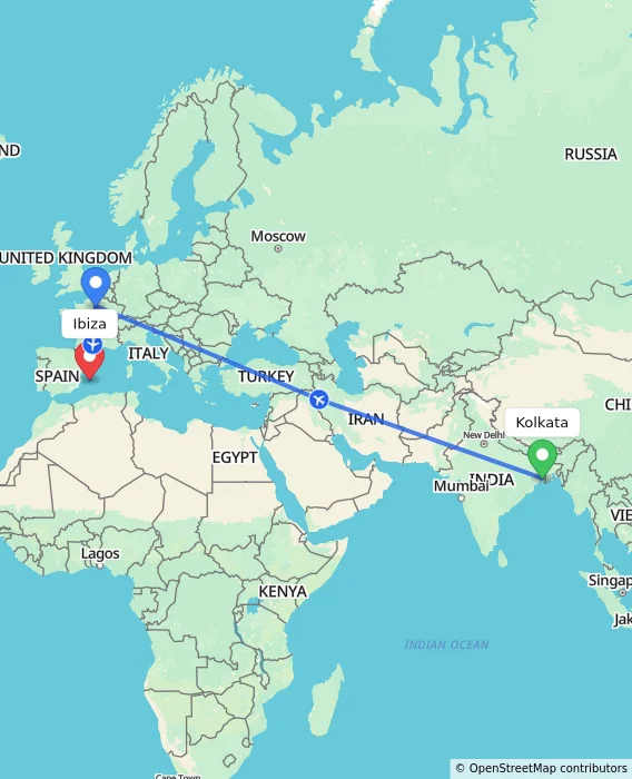 Route map showing distance and travel time from Kolkata, India to Ibiza, Spain