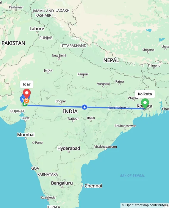Route map showing distance and travel time from Kolkata, India to Idar, India