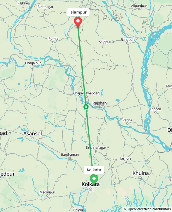 Route map showing distance and travel time from Kolkata, India to Islampur, India