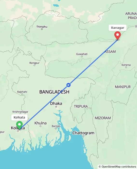 Route map showing distance and travel time from Kolkata, India to Itanagar, India