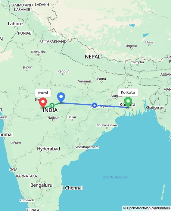 Route map showing distance and travel time from Kolkata, India to Itarsi, India
