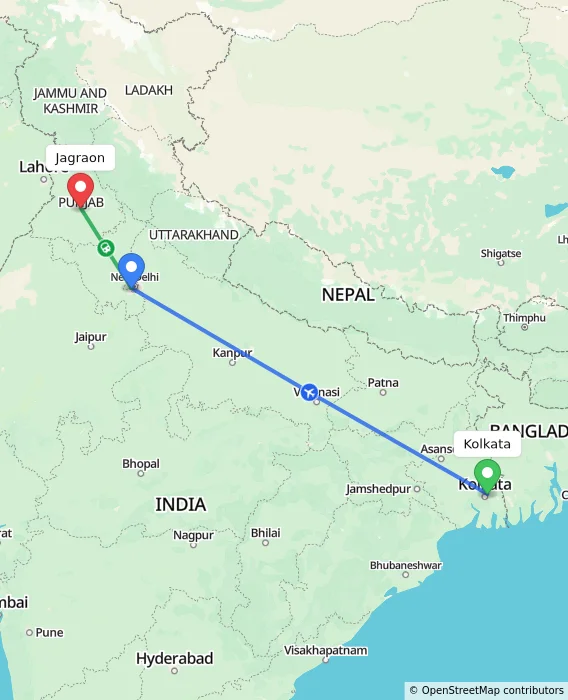 Route map showing distance and travel time from Kolkata, India to Jagraon, India