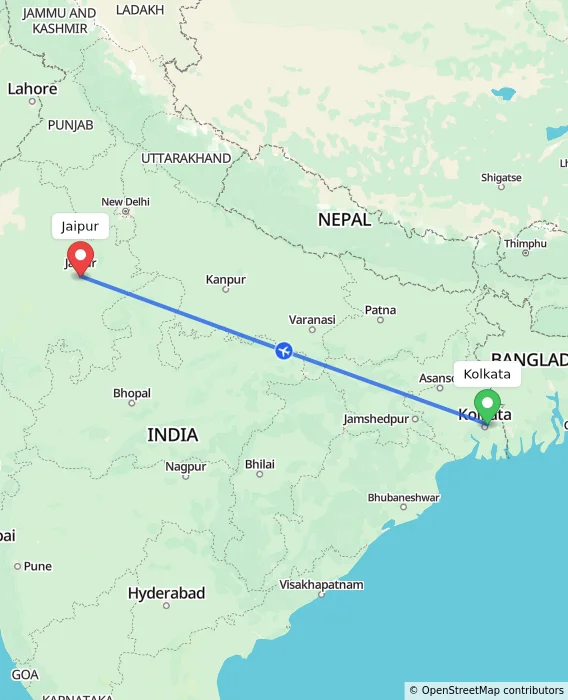 Route map showing distance and travel time from Kolkata, India to Jaipur, India