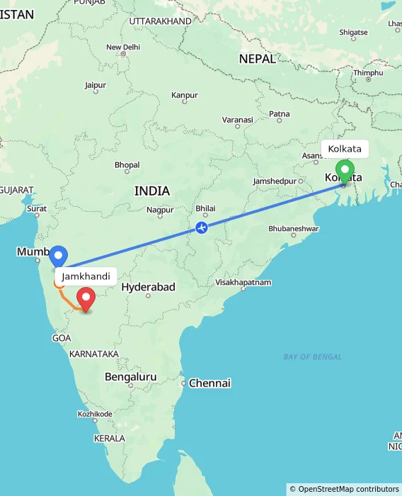 Route map showing distance and travel time from Kolkata, India to Jamkhandi, India
