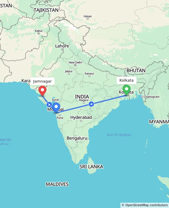 Route map showing distance and travel time from Kolkata, India to Jamnagar, India