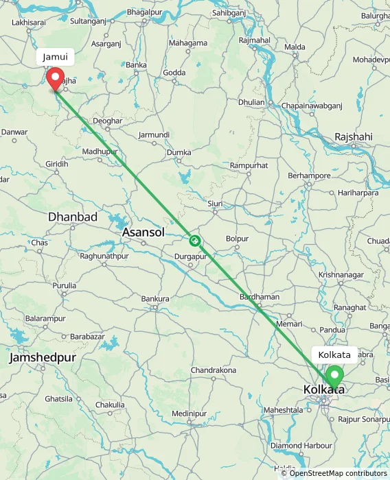 Route map showing distance and travel time from Kolkata, India to Jamui, India