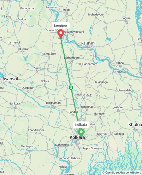 Route map showing distance and travel time from Kolkata, India to Jangipur, India