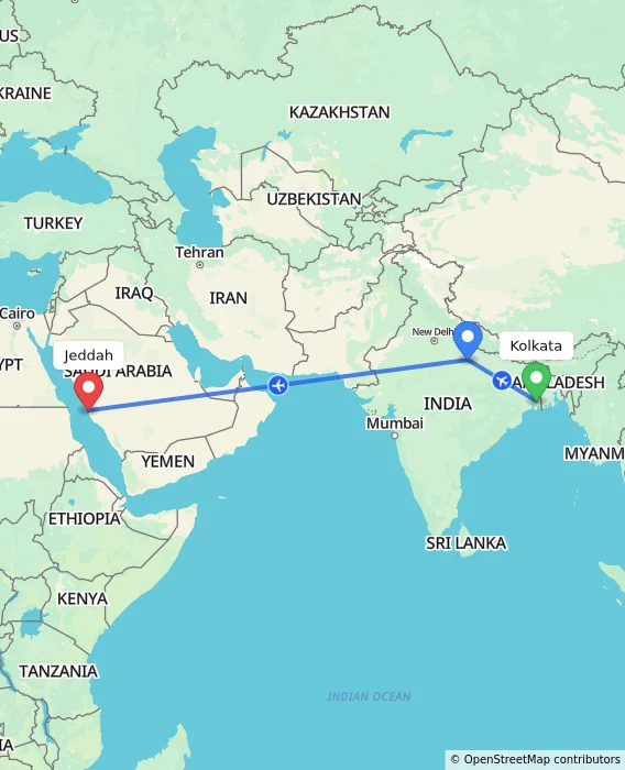 Route map showing distance and travel time from Kolkata, India to Jeddah, Saudi Arabia