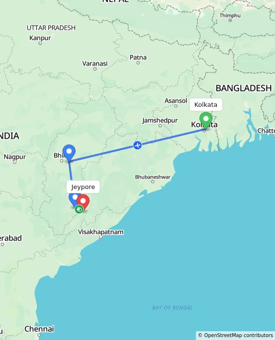 Route map showing distance and travel time from Kolkata, India to Jeypore, India