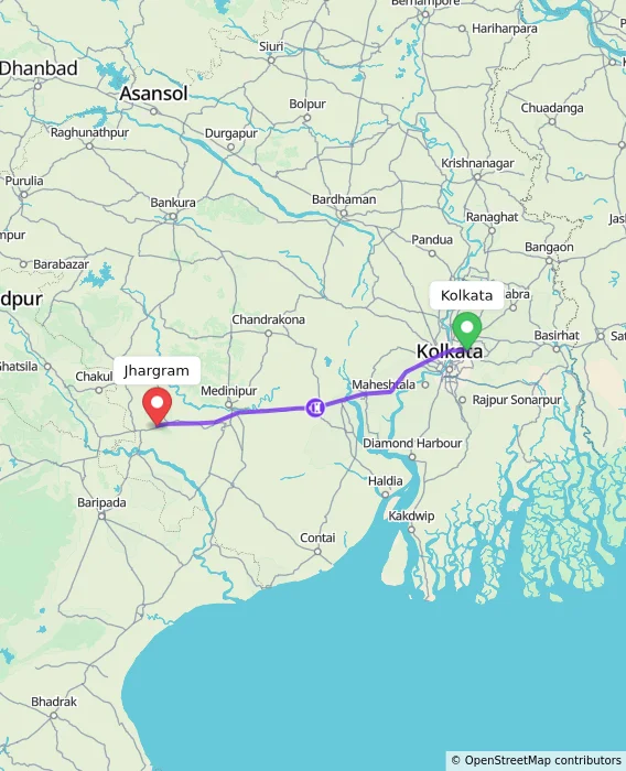 Route map showing distance and travel time from Kolkata, India to Jhargram, India