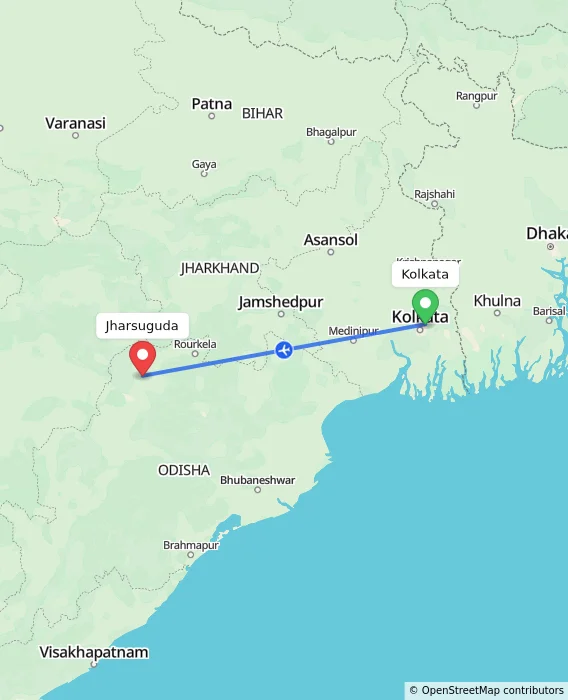 Route map showing distance and travel time from Kolkata, India to Jharsuguda, India