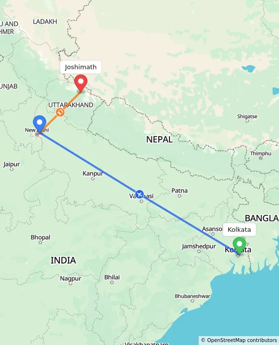 Route map showing distance and travel time from Kolkata, India to Joshimath, India