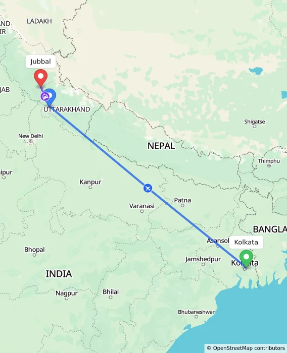 Route map showing distance and travel time from Kolkata, India to Jubbal, India