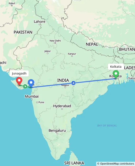 Route map showing distance and travel time from Kolkata, India to Junagadh, India