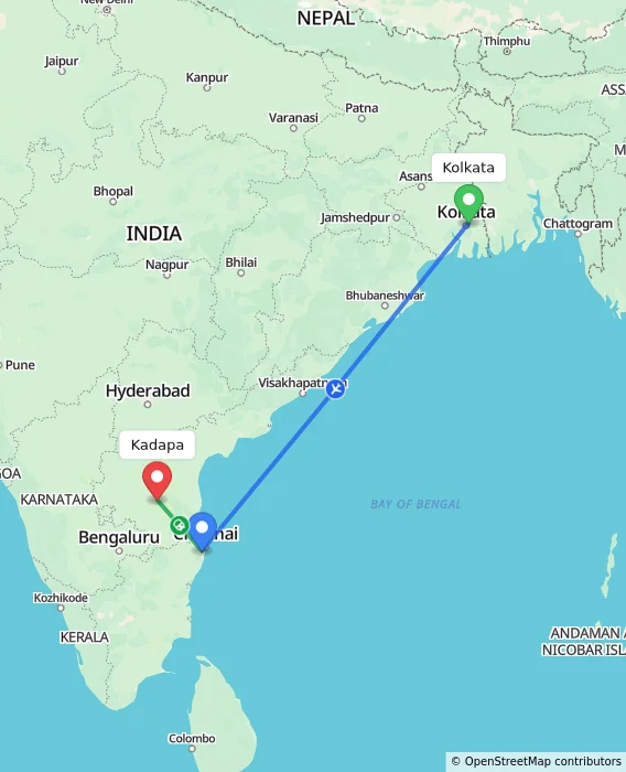 Route map showing distance and travel time from Kolkata, India to Kadapa, India
