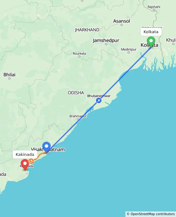 Route map showing distance and travel time from Kolkata, India to Kakinada, India