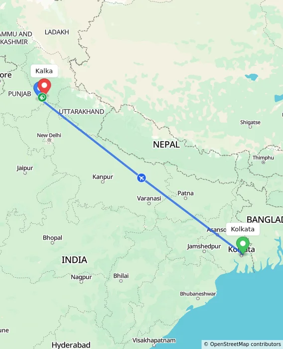 Route map showing distance and travel time from Kolkata, India to Kalka, India