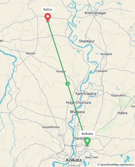 Route map showing distance and travel time from Kolkata, India to Kalna, India