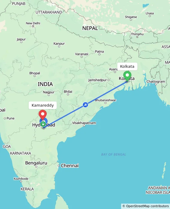 Route map showing distance and travel time from Kolkata, India to Kamareddy, India