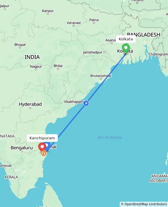 Route map showing distance and travel time from Kolkata, India to Kanchipuram, India